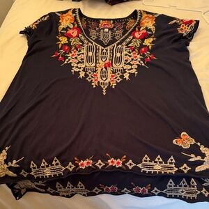 Johnny Was Navy Blouse with Colorful Embroidery